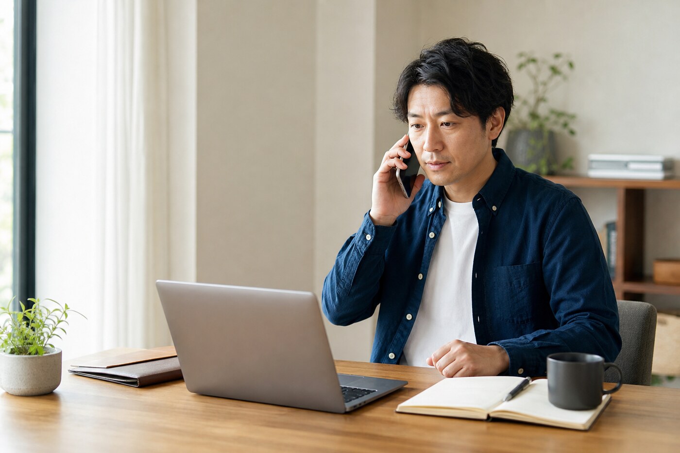自宅のワークスペースでスマートフォンから会社の内線通話に応答する日本人ワーカー