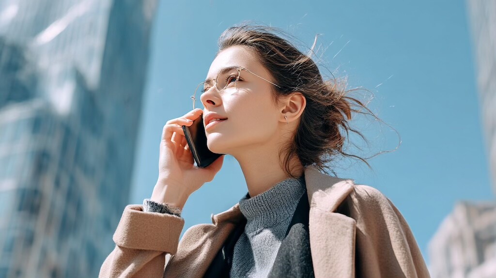 街中でスマートフォン通話をするビジネスパーソン