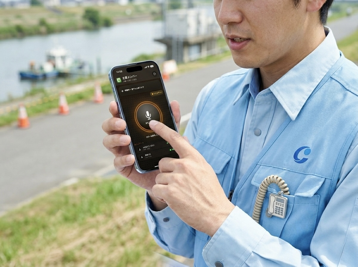 河川の巡回現場でスマートフォンのAGEphone PTTアプリを操作する作業員