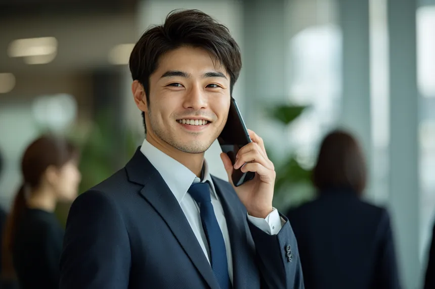 オフィスでスマートフォンを耳に当てて通話するビジネスパーソン