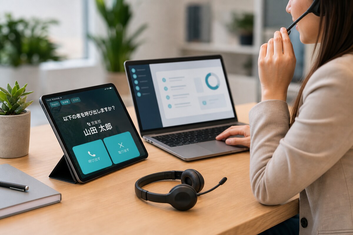 ＋受付電話Cloudの呼び出し確認画面を表示したタブレットで応対するスタッフのイメージ