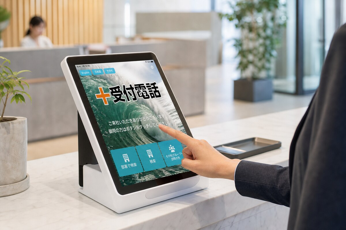 ＋受付電話Cloudの受付トップ画面をタブレットで操作する来訪者のイメージ