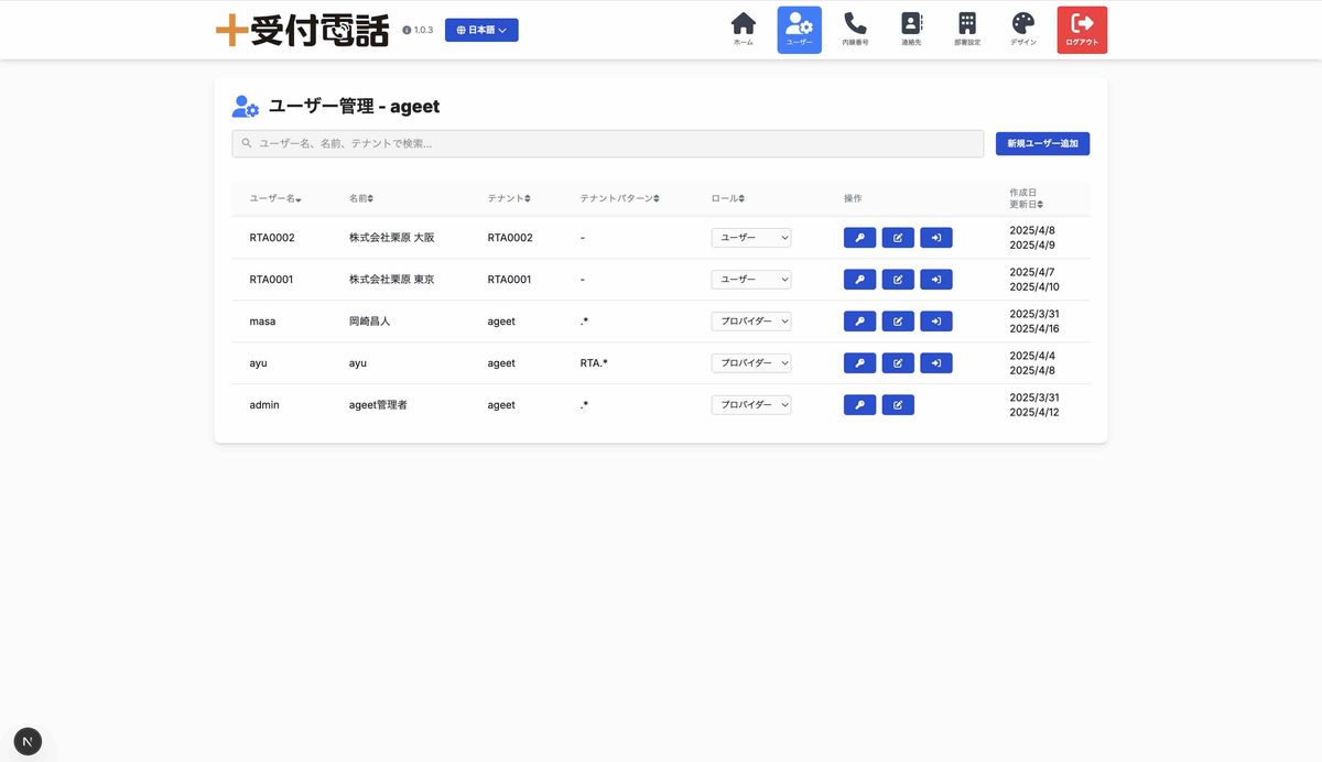 ＋受付電話Cloud管理画面「ユーザー」設定タブの実画面